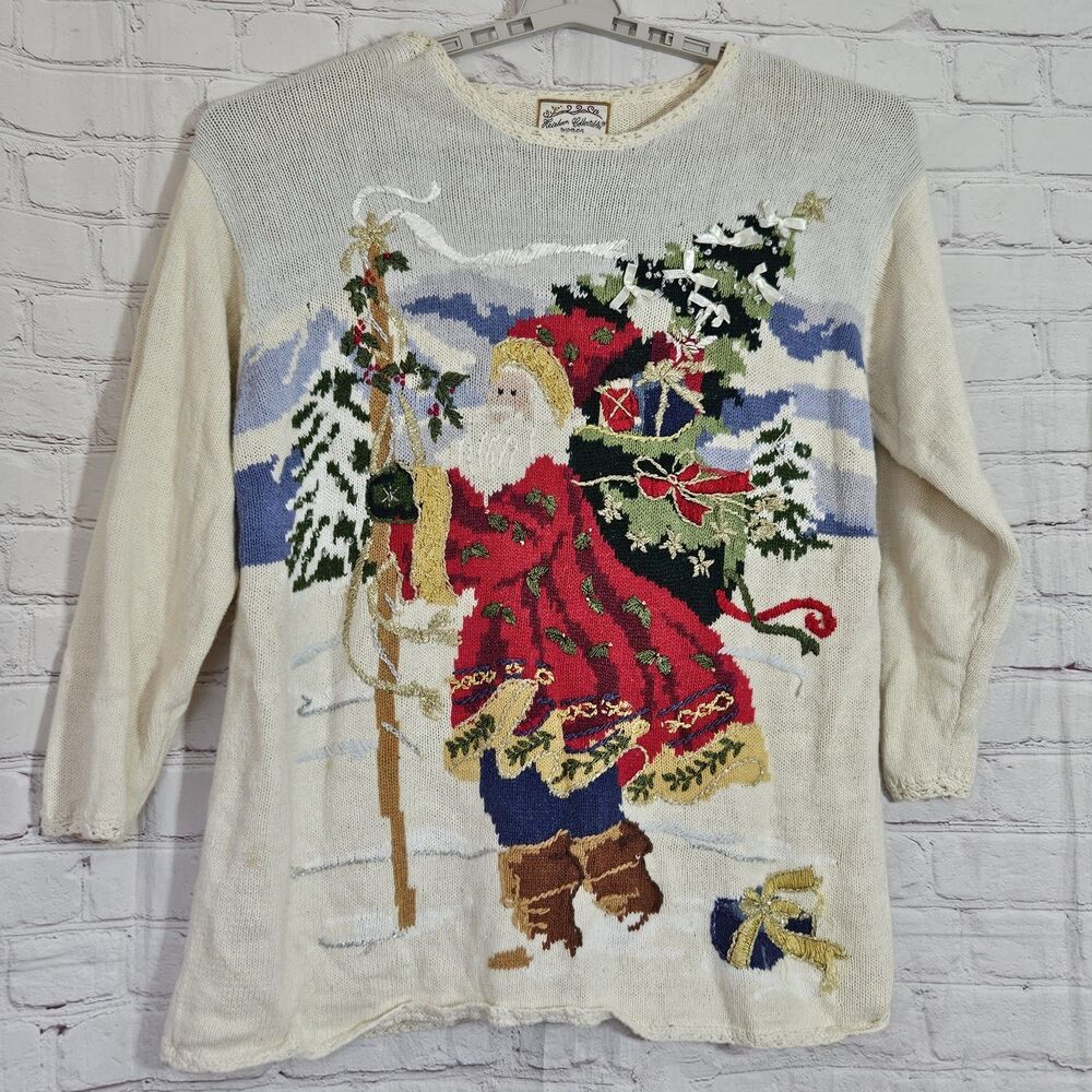 Vintage 90s Heirloom Collectibles Santa Claus Ugly Christmas Sweater 1X White